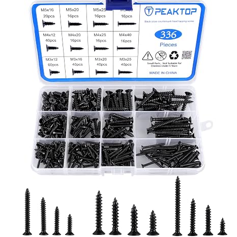 336Pcs Self Tapping Screws Black, M3M4M5 Round Head Wood Screws Assortment