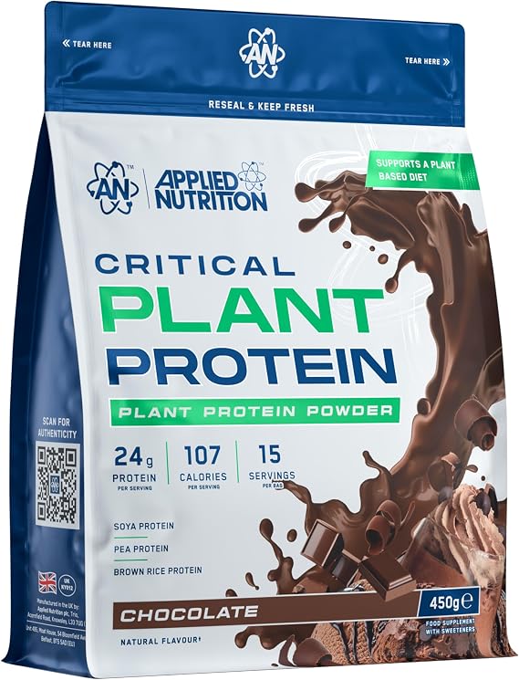 Applied Nutrition Plant Protein Powder – Critical Plant Vegan Protein Shake with SOYA, Pea, Brown Rice Proteins & Essential Amino Acids - Dairy-Free Gym Supplement (450g - 15 Servings) (Chocolate)