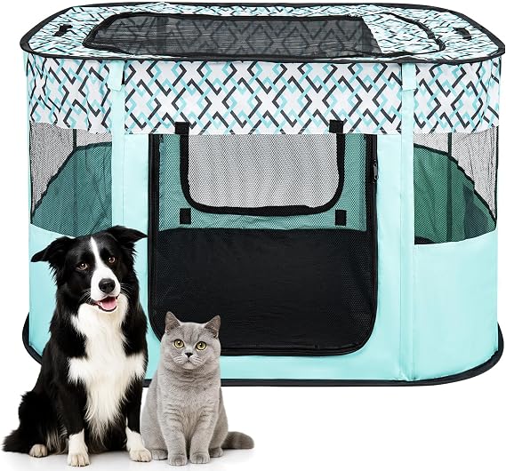 Foldable Pet Playpen, Portable Small Dog Cat Crate, Soft Indoor Outdoor Pet Cage, Puppy Playpen with Mesh Panels, Dog Tent, Cat Playpen, Travel Pet Puppy Cage for Pets (Green-S)