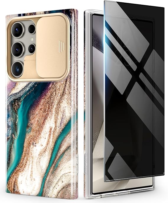 GVIEWIN for Samsung Galaxy S24 Ultra Case with Slide Camera Cover+Privacy Screen Protector, [Military Grade Shockproof] Marble Protective Slim & Tough Phone Case for S24 Ultra 6.8"(Drift Sand/Brown)
