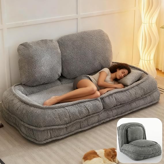 Foldable Lazy Sofa Bed, Convertible Floor Sofa Chair with 5 Positions Adjustable Backrest, Comfy Upholstered Lazy Floor Chair Bed with 2 Removable Soft Cushions, 1-Gray