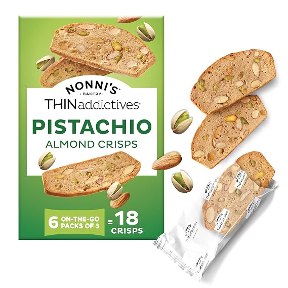 Nonni's THINaddictives Almond Thin Cookies, Pistachio Almond Biscotti, Sweet Crunchy & Chewy, Individually Wrapped, Kosher Snack, Perfect with Coffee, 4.4 oz (6 pack of 3 crisps each)