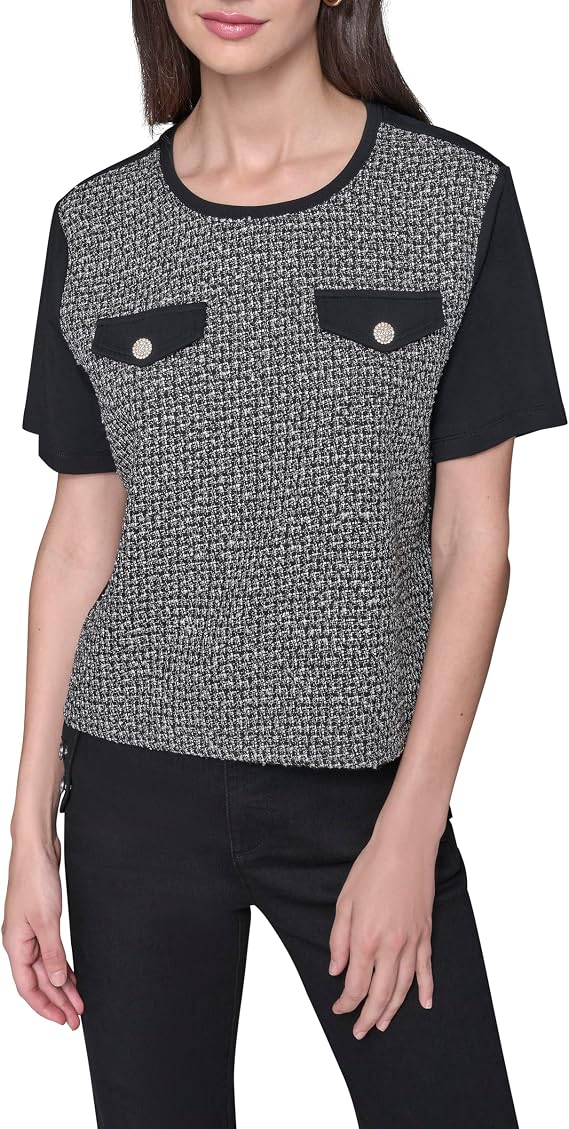 Karl Lagerfeld Women's Short Sleeve Tweed Body Everyday with Two Chest Pockets T-Shirt