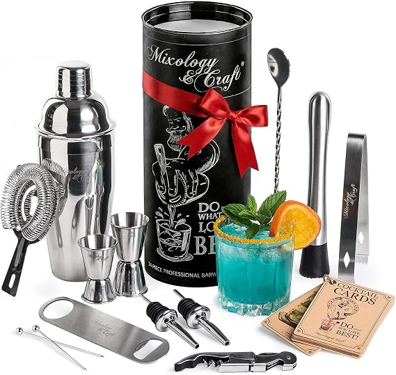 Mixology & Craft All-in-One Stainless Steel Cocktail Shaker Kit with 24 oz Cobbler Shaker, Includes Strainer, Muddler, Spoon, Jiggers, Pourers, Picks, Tongs, Bottle Opener - Gift-Ready Package Tube