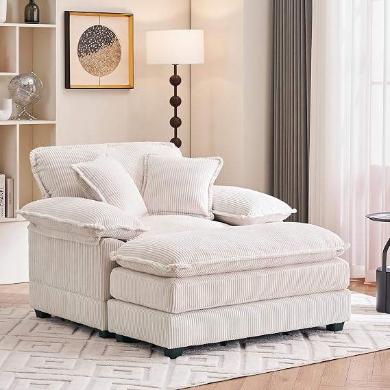 46.9" W Oversized Chair with Ottoman, Corduroy Upholstered Chaise Lounge Chair Indoor Reading Chairs Sofa Couche Oversized Comfy Chairs for Living Room, Bedroom (Corduroy White)