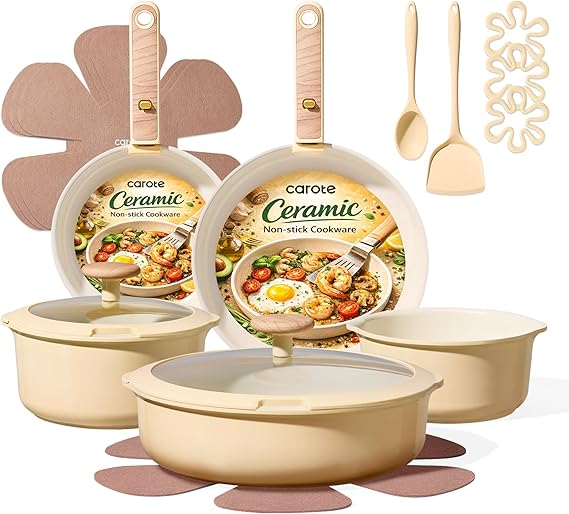 CAROTE 18 Pcs Ceramic Cookware Set Detachable Handle, Non Toxic Pots and Pans Set Non Stick, Induction Kitchen Cookware Removable Handles, Oven Safe, Stackable RVCamping Cooking Set, Yellow
