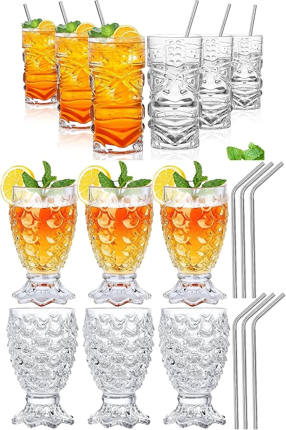 Clear pineapple Tiki Glasses Set of 12 - Modern Bar Tiki Cocktail Glasses Perfect for Exotic Cocktails,Mai Tai, Hawaiian Style Cocktails, Tropical Island Drinksware Set