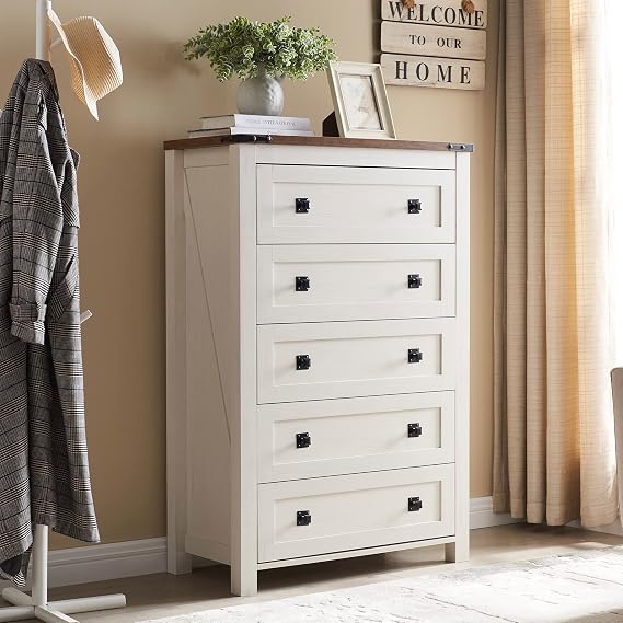 T4TREAM 48" Tall Farmhouse 5-Drawer Dresser for Bedroom, Antique White | Rustic chests of drawers, Wood Storage Cabinet, Metal Handle, Unique Corner Accent, Bedroom, Living Room, Hallway