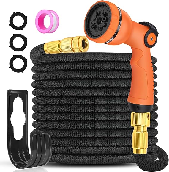 Expandable Garden Hose Pipe 100ft - Flexible Expanding Water Hose with 10 Pattern Spray Gun, 3/4" and 1/2" Metal Fittings, Durable Latex Retractable Hose Pipe, for Outdoor, Gardening