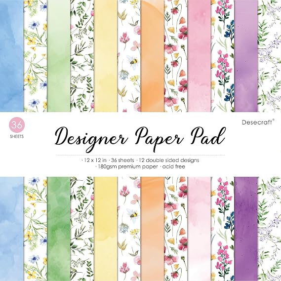 Floral Bloom 12x12 Double Sided Scrapbook Cardstock Paper Pad - 36 Sheets 180gsm Patterned Decorative Paper for Card Making, Scrapbooking, Junk Journaling, Craft Supplies