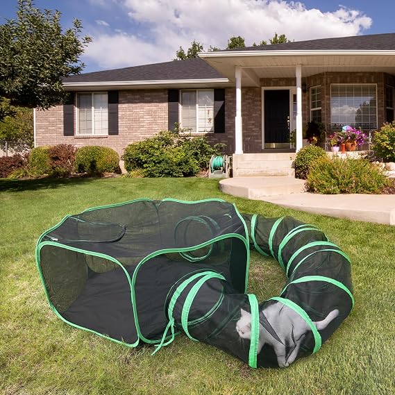 Pawtenda Outdoor Cat Enclosure - Portable Catio with Tunnel, Pet Tent for Cats, Rabbits, Puppies and Small Animals