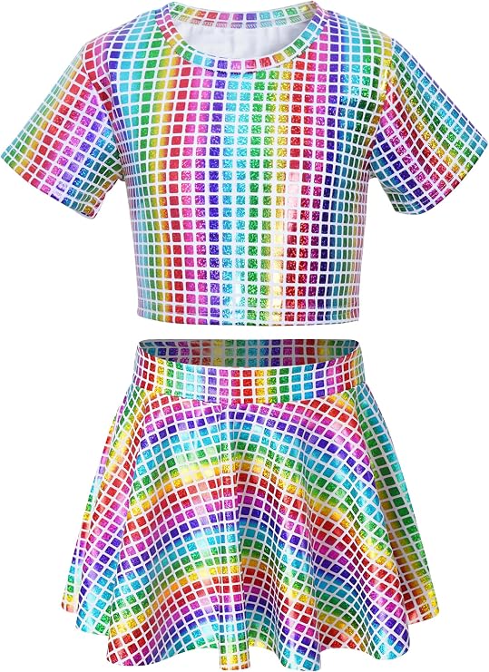 Sequin Top for Girls with Shiny Skirt Disco 0utfit Metallic Dress Performance Kids 3-13T