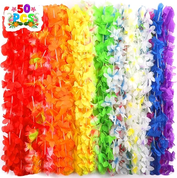 50Pcs Hawaiian Garlands,Hawaiian Flower Lei Necklace, Hawaii Flower Garlands for Tropical Party Beach Theme Birthday Party Supplies Fancy Dress Accessories