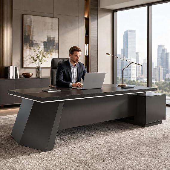 79-Inch L-Shaped Executive Office Desk with Power Outlets & USB Ports, Computer Desk with Drawers, Enclosed Cabinet & Ventilated CPU Compartment, Left Return, Black, 79 L x 63 W x 30 H