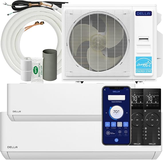 DELLA 42K BTU ODU 2 Zone 18K 23K BTU 22 SEER2 208-230V Multi Zone Mini Split AC Pre-Charged Heat Pump with 16ft Installation Kits, Cools up to 2500 Sq.Ft, Energy Star, Works with Alexa and Wifi