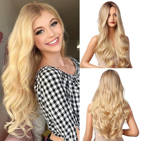 NAYOO 26 Inch Long Wavy Blonde Wig for Women, Honey Blonde Wig with Dark Roots, Natural Looking Ombre Beach Wave Synthetic Wig, Middle Part Heat Resistant Fiber Wig for Daily Wear Party Cosplay