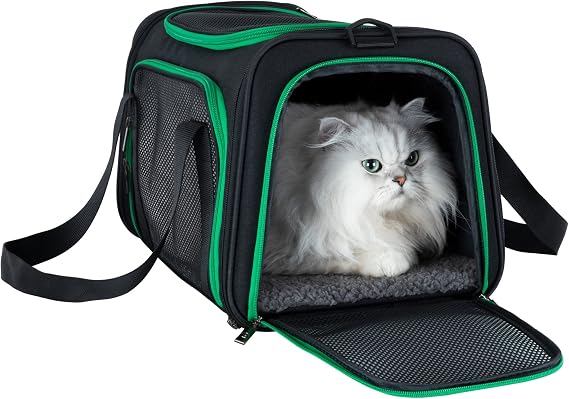 Quick-in Pet Carrier Bag for Cats & Dogs. Airy Mesh Windows Let Fur-Kids See You Reduce Anxiety & Breath Easy. Rip-Stop Fabric & Lockable Zips Hug Securely. Washable Comfy Pad. Collapsible
