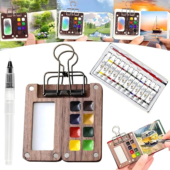 mini watercolor set,travel watercolor set,nano palette,with 12 Color Paints,Wooden Grid Paint Box for Painters Artists Students