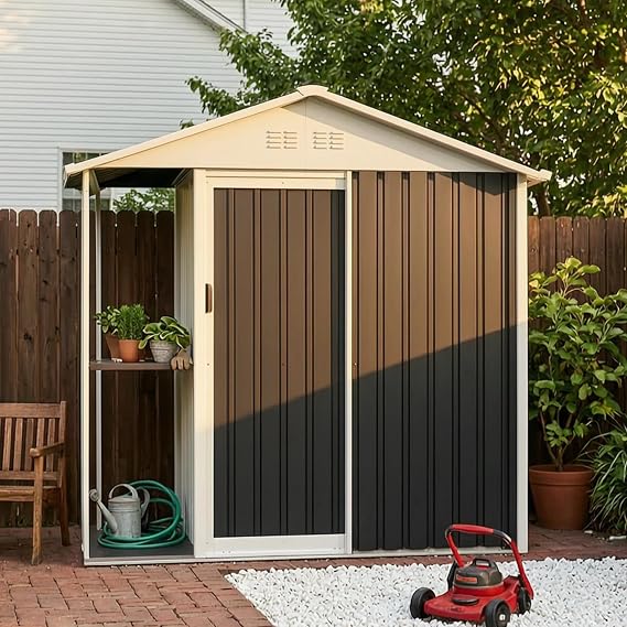 6'x4' Outdoor Storage Shed with External Rack and Shelves for Tools, 2-in-1 | Heavy Duty Metal Garden Tool Buliding Shed with 1.3'x3.7' Open Side Storage Area for Bike, Lawn, Patio, Backyard