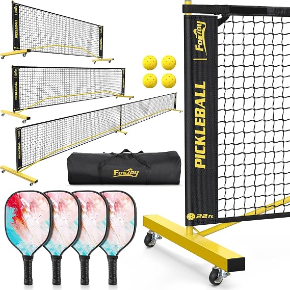 Fostoy Pickleball Set Net with 4 Paddles Pickleballs, 6FT/11FT/22FT | Portable 3-in-1 Pickleball Net with Wheels, Carry Bag, Steady Metal Frame Designed for Backyards, Driveways, and Garages