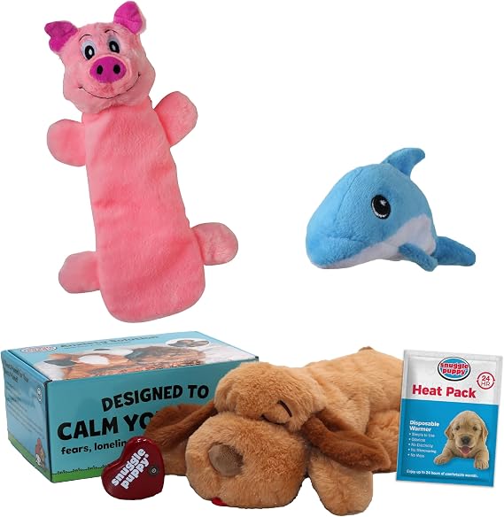 Snuggle Puppy Original、心を落ち着かせるハートビートの犬のおもちゃ、癒しのぬいぐるみコンパニオンがペットの不安を軽減、ヒートパック&バッテリー+2つのテンダータフ犬のおもちゃ、スクイーカー&ボトルのおもちゃが含まれています