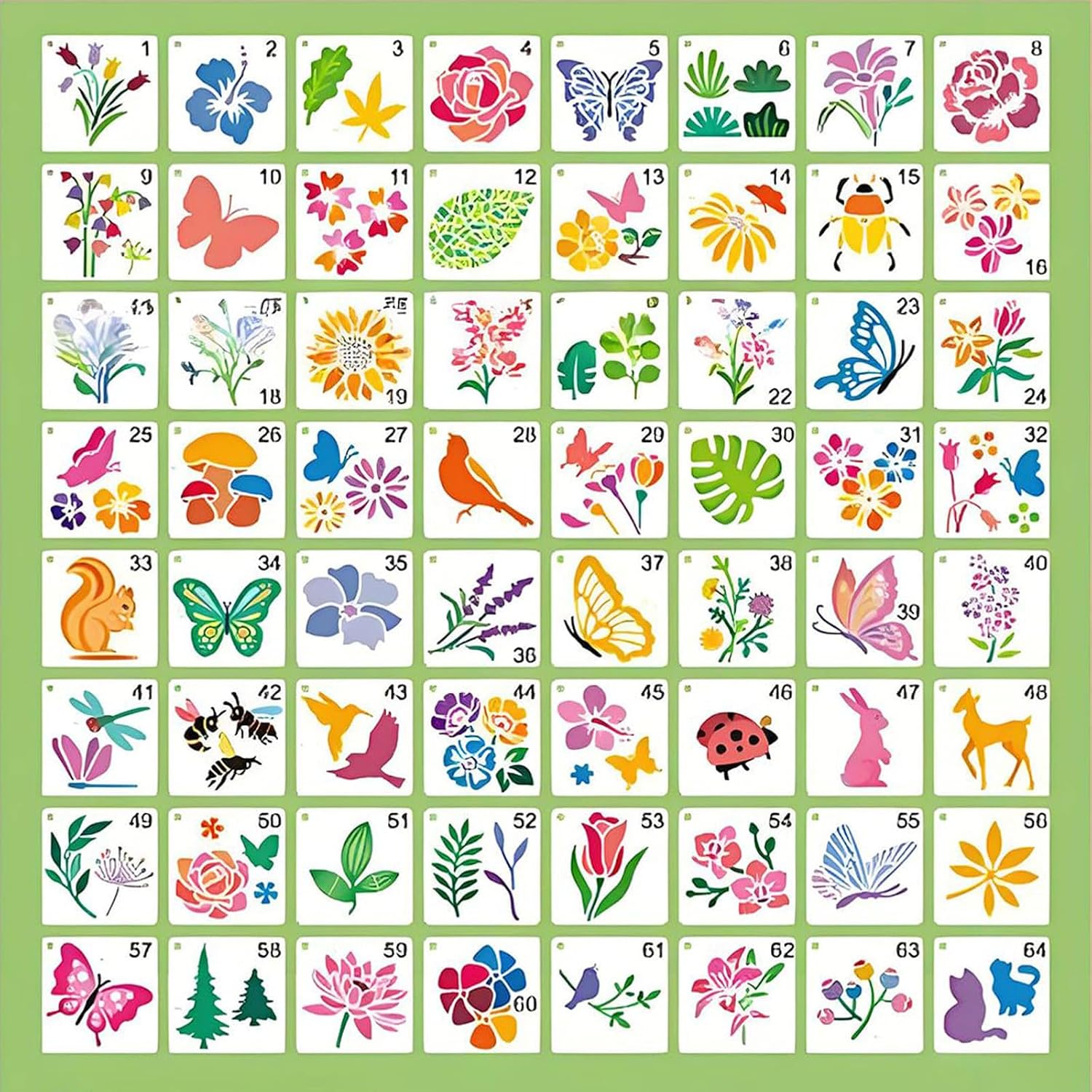 64 Pcs Stencils for Painting Animals and Plants Stencils Set 7.6CM/3inch Reusable Painting Assorted Flower Butterfly Bird Nature Templates for DIY Crafts Journal(Animals and Plants Stencils)