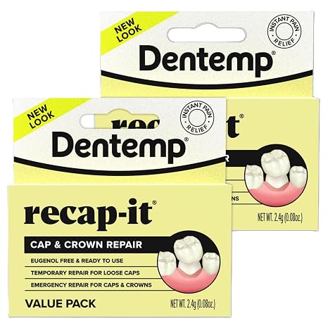 Dentemp Recap-It Cap and Crown Repair Dental Kit - Fast Acting Formula Dental Cement for Loose Caps (Value Pack of 2) - Temporary Cement for Crown and Bridge
