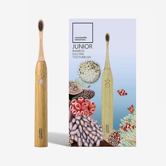 Sustainable Tomorrow Junior Bamboo Electric Toothbrush for Kids Ages 3+ Gentle Vibrating Toothbrush with Soft Bristles | 2-Minute Timer | Ergonomic Handle | Eco-Friendly, Plastic-Reduced Design
