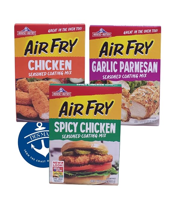 House Autry AIR FRY Seasoned Coating Mix Variety Pack (Garlic Parmesan Net Wt. 5 oz., Spicy Chicken Net Wt. 8 oz., Original Chicken Net Wt. 8 oz.) with Bonus Des Mar Magnet Perfect for Air Frying, Baking, or Frying