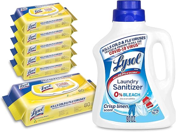 Lysol Disinfectant Multi-Surface Antibacterial Handi-Pack Cleaning Wipes, Lemon and Lime Blossom, 480 Count (Pack of 6) and Laundry Sanitizer Additive, Crisp Linen, 90oz