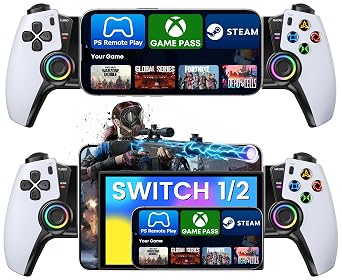 KICKDOT Mobile Gaming Controller for iPhone Android, Hall Effect Joysticks Bluetooth Telescopic Gamepad with RGB Lighting, Programmable Back Buttons for PS Remote Play Xbox Cloud Gaming Steam Deck iPad Mini