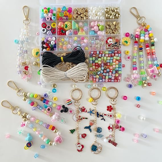 PHODDR Keychain Making Kit, Beaded Craft Set with Letter Beads & Pendants