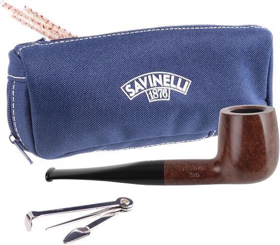 Savinelli Pipes One Series - Briar Wood Pipe, Tools & Pouch, Polished 106 | Handmade in Italy, Blue Zipper Pouch, Cleaners, Czech Pipe Tool, 6mm, Straight Billiard