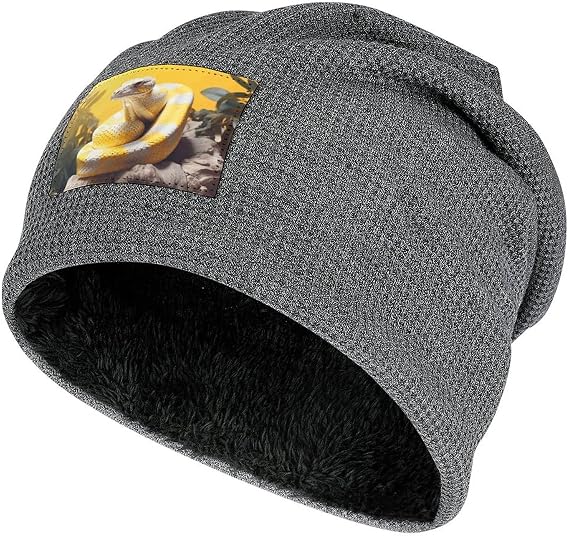 Yellow and White Python Slouchy Beanie Hat Knit Skull Cap with Fleece Lined Cuffed Winter Hat for Skiing Running