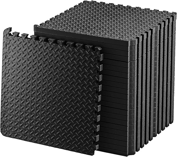 Exercise Foam Mat - Anti fatigue Protective Interlocking Puzzle EVA Floor Tiles with Edges - Gym Flooring Mats - Non slip Rubber Cushion for Underlay (Black, 24 Tiles (96 Square Feet))