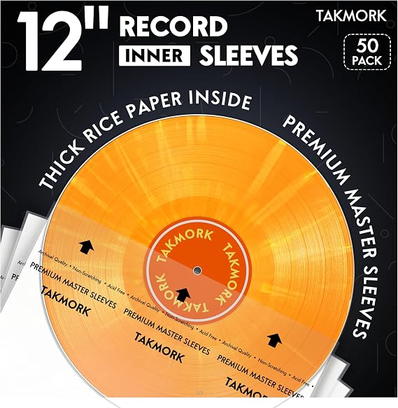 TAKMORK Vinyl Inner Sleeves, 12" Anti-Static Rice Paper-Lined, 50 Pack