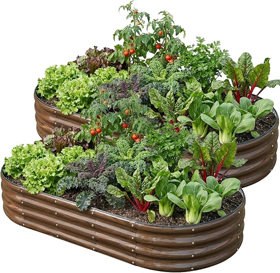 SnugNiture 2 Pcs 6x3x1ft Oval Metal Raised Garden Bed for Vegetables, Brown | Protective rubber edging strips thickened corrugated galvanized steel