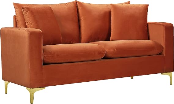 Meridian Furniture 633Cognac-L Naomi Collection Modern | Contemporary Velvet Upholstered Loveseat with Deep Channel Tufting and Rich Gold Stainless Steel Legs, Cognac, 58" W x 33.5" D x 30" H