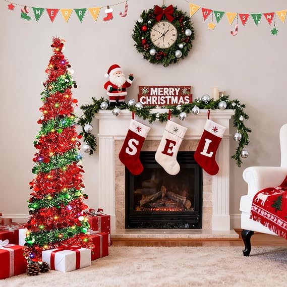 5FT Pop Up Christmas Tree with 90 Colorful LED Lights 8 Modes Tinsel Artificial Christmas Tree Collapsible Pencil Small Christmas Tree for Indoor Home Holiday Christmas Party Decorations(Red/Green)