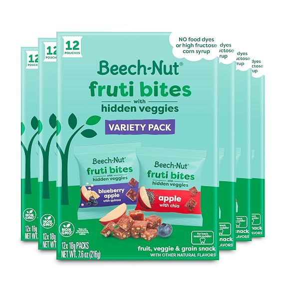 Beech-Nut Toddler Snacks Fruti Bites with Hidden Veggies Quinoa & Chia, Fruit Snack Variety Pack for Babies and Toddlers, 6 Boxes (72 Individually Wrapped Packs)