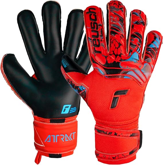 Reusch Attrakt Gold X Evolution Cut Finger Support Gloves Red/Blue, Size 11 | goalkeeper gloves, tacky latex palm, five protection spines, goalie, soccer, DuraGuard patch, preshaped design, breathable