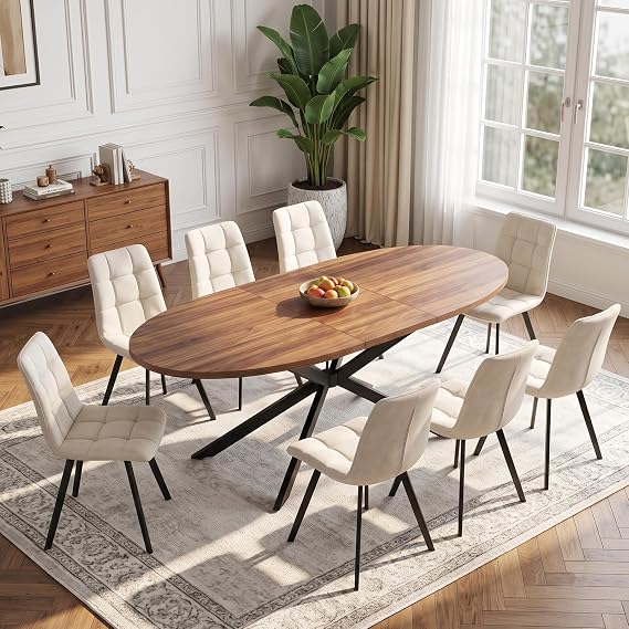 146-196 cm Oval Extendable Dining Table for 6-8 Seater with Metal Frame