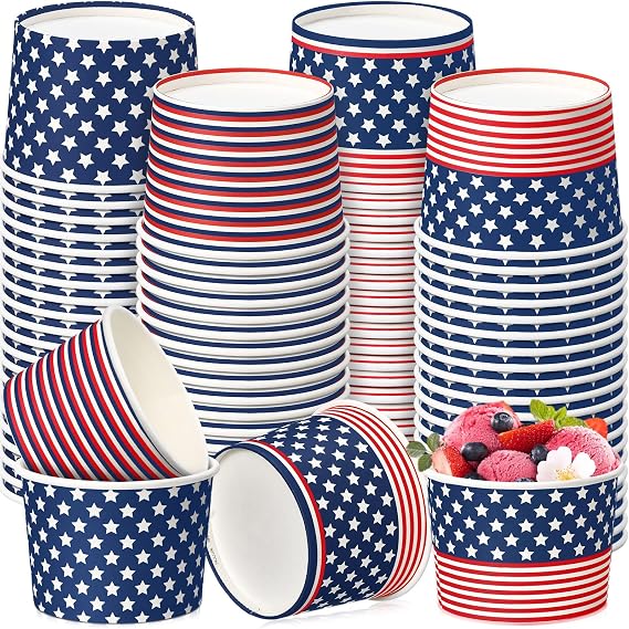 Hsei 120 Pcs American Flag Ice Cream Cup 9oz Patriotic Disposable Soup Bowl