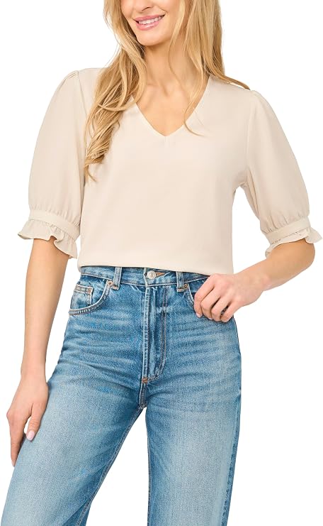 CeCe Women's Ruffle Cuff Elbow Sleeve V-Neck Blouse