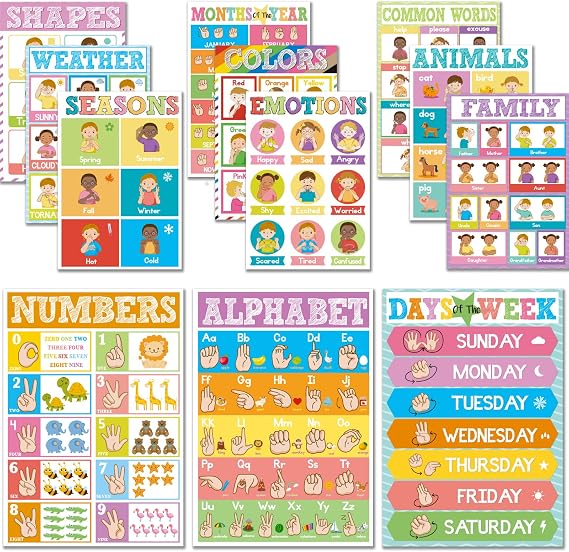 Set of 12 ASL Posters ABC Sign Language Flash Cards American Sign Language Learning Poster for Toddler Kids Students Classroom Decorations ASL Gift