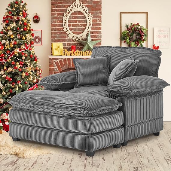 Oversized Convertible Chaise Lounge Chair Indoor, Corduroy Deep Seat Chair Bed Sleeper, 2 Layer Thicken Upholstered Sleeper Sofa with Ottoman & Pillows, 56.3" W Lounge Sofa Chair (Grey)