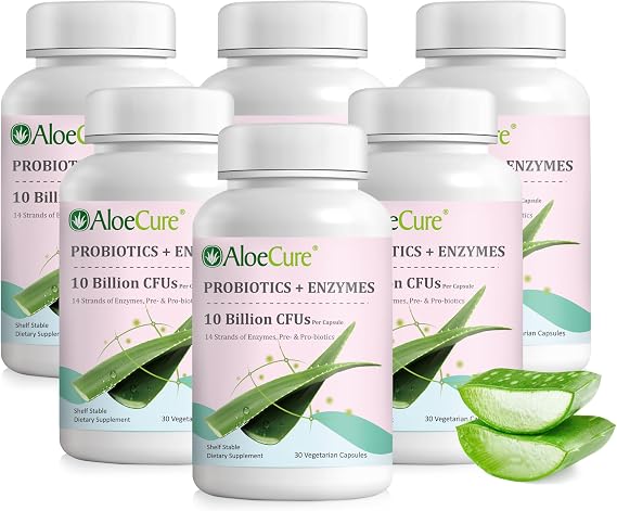 AloeCure Probiotics + Enzyme Capsules for Women's Digestive Health with 10 Billion CFU - Daily Aloe Supplement, Full Spectrum Probiotic +