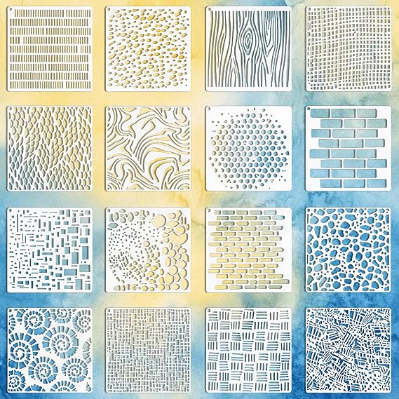 16 Pcs Texture Stencils – 6"x6" Reusable Leopard/Brick/Geometric Patterns for Painting, DIY Art Crafts, Scrapbooking, Wall Canvas Wood Burlap Décor