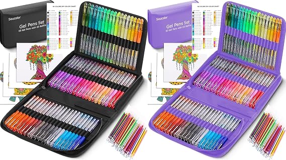 Soucolor 120 Glitter Gel Pens for Adult Coloring Books, Drawing Doodling Journaling Craft Art Supplies