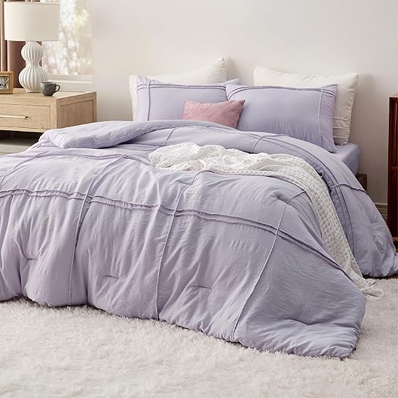 Bedsure Twin Comforter Set with Sheet - 3 Pieces Soft Lavender Purple Bedding, Grid Pinch Pleat, All Season Lightweight Fluffy Bed Set with Solid Boho Comforter, Pillowcase & Sheet